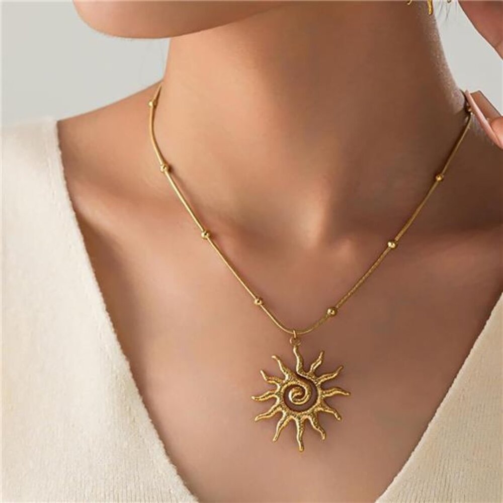 Gold Sun Pendant Necklace – Hammered Spiral Sunburst Statement Jewelry